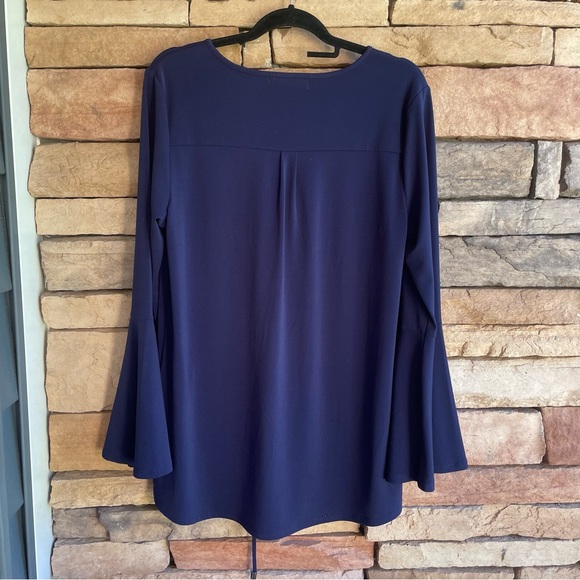 Marled RC navy blue lace up stretch long sleeve top bell sleeve Large - Picture 7 of 11